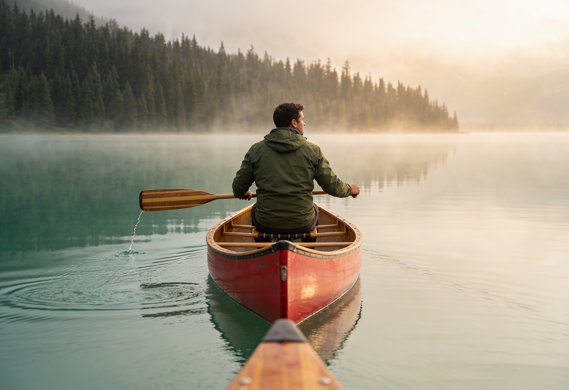 Lone paddler in a red canoe crossing a misty calm lake at dawn