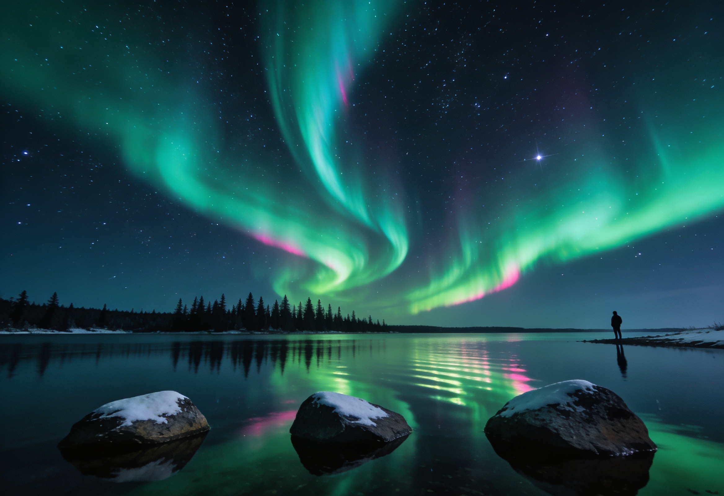 Green northern lights reflecting over a calm sub-Arctic lake at night
