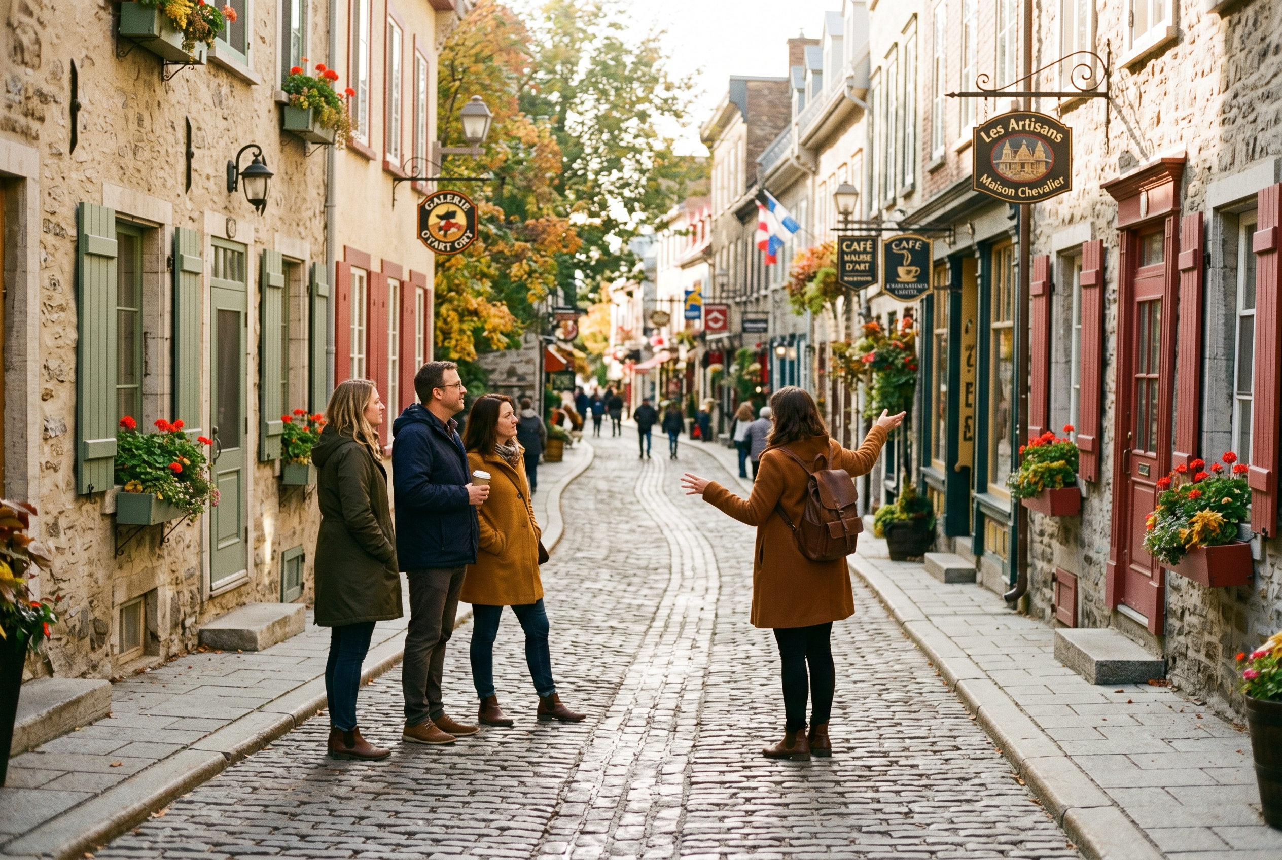 Small walking tour group on a historic Old Quebec cobblestone street