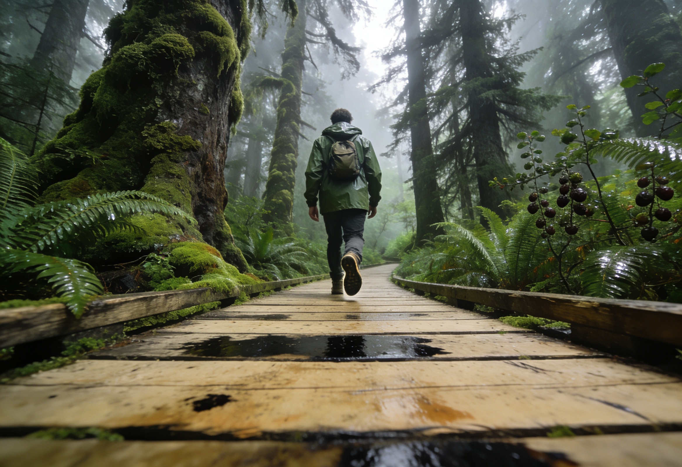 Hiker walking a wooden boardwalk through mossy coastal rainforest