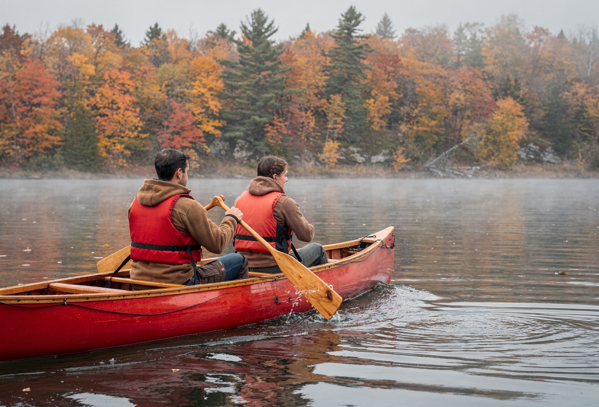 Two paddlers in a red canoe on a misty autumn lake