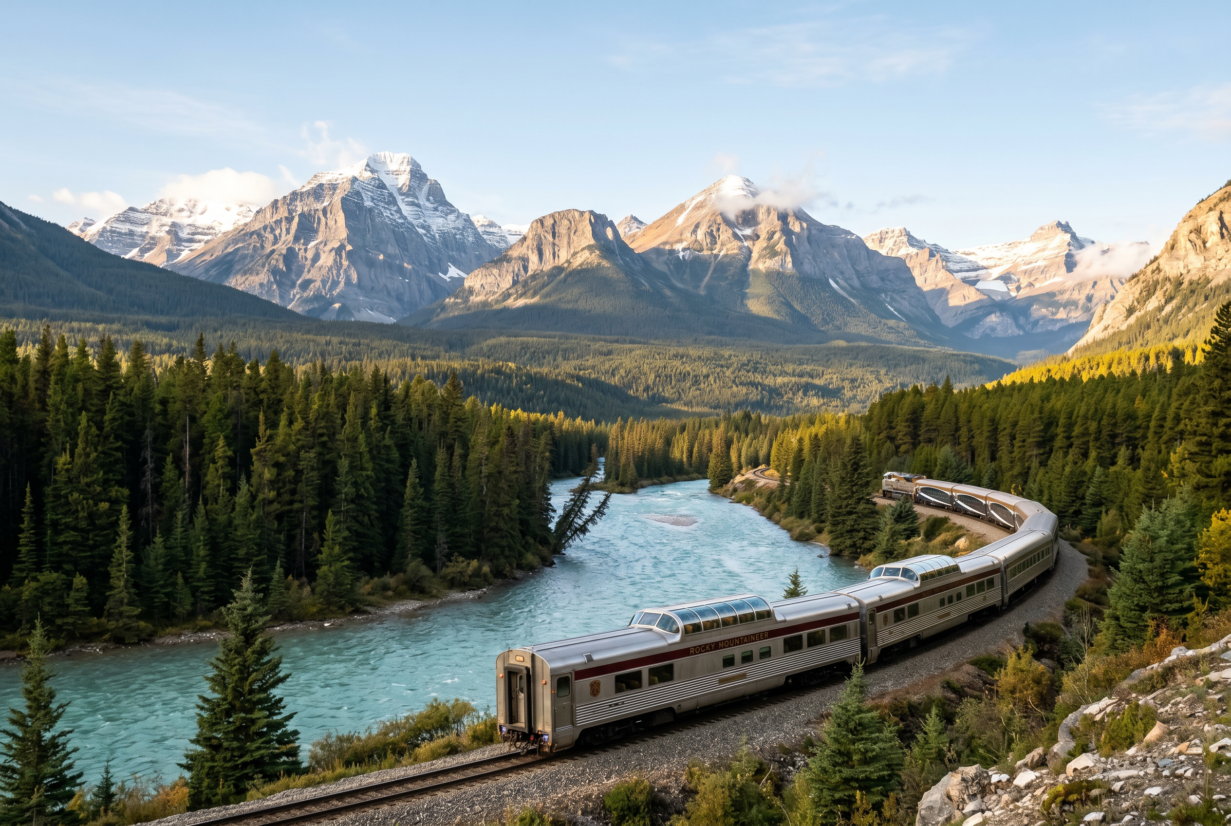 Passenger train winding through a Rocky Mountain valley by a turquoise river